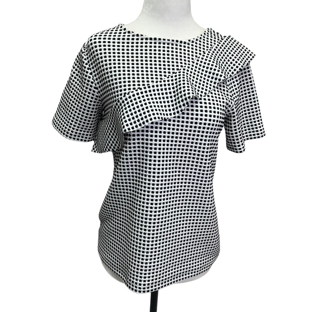Ann Taylor Black/White Short Sleeve Blouse Top With Ruffle Size S